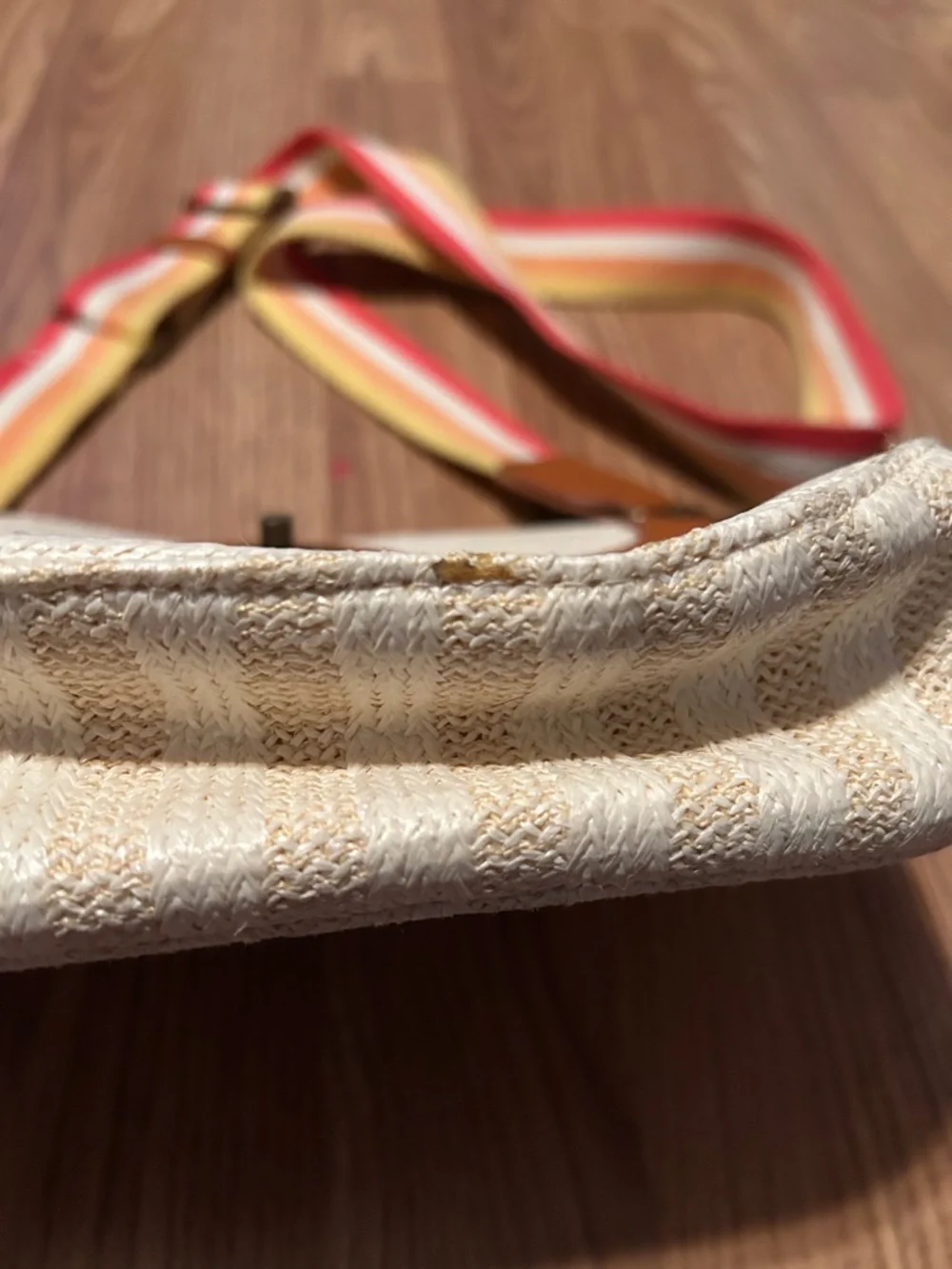 Universal thread Woven Straw Crossbody Bag with Tan Trim and Multicolor Strap